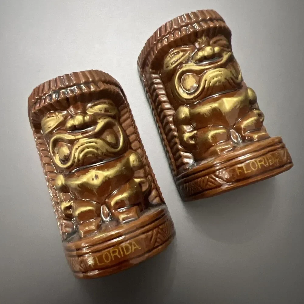 Vintage Brown Glaze Red Clay Tiki Salt & Pepper Shaker Set “Florida” 3.25” Japan